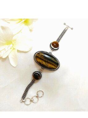 Tiger Eye Bracelet (br16) Natural Gem Toggle Clasp 925 Silver 7”-8" Adj.